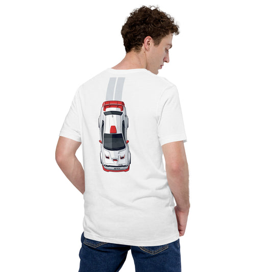 Muscle Track Tee — Iron and Asphalt graphic t-shirt, Solid White Blend back view — Marque automotive apparel