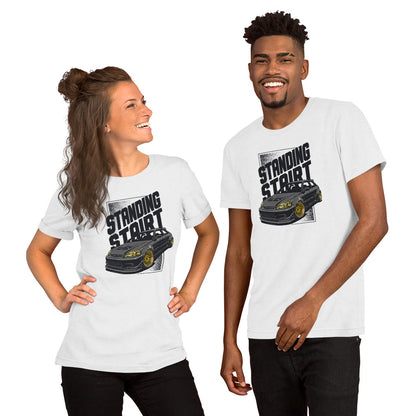 Standing Start Tee — Lights Out graphic t-shirt, Solid White Blend front view (2) — Marque automotive apparel