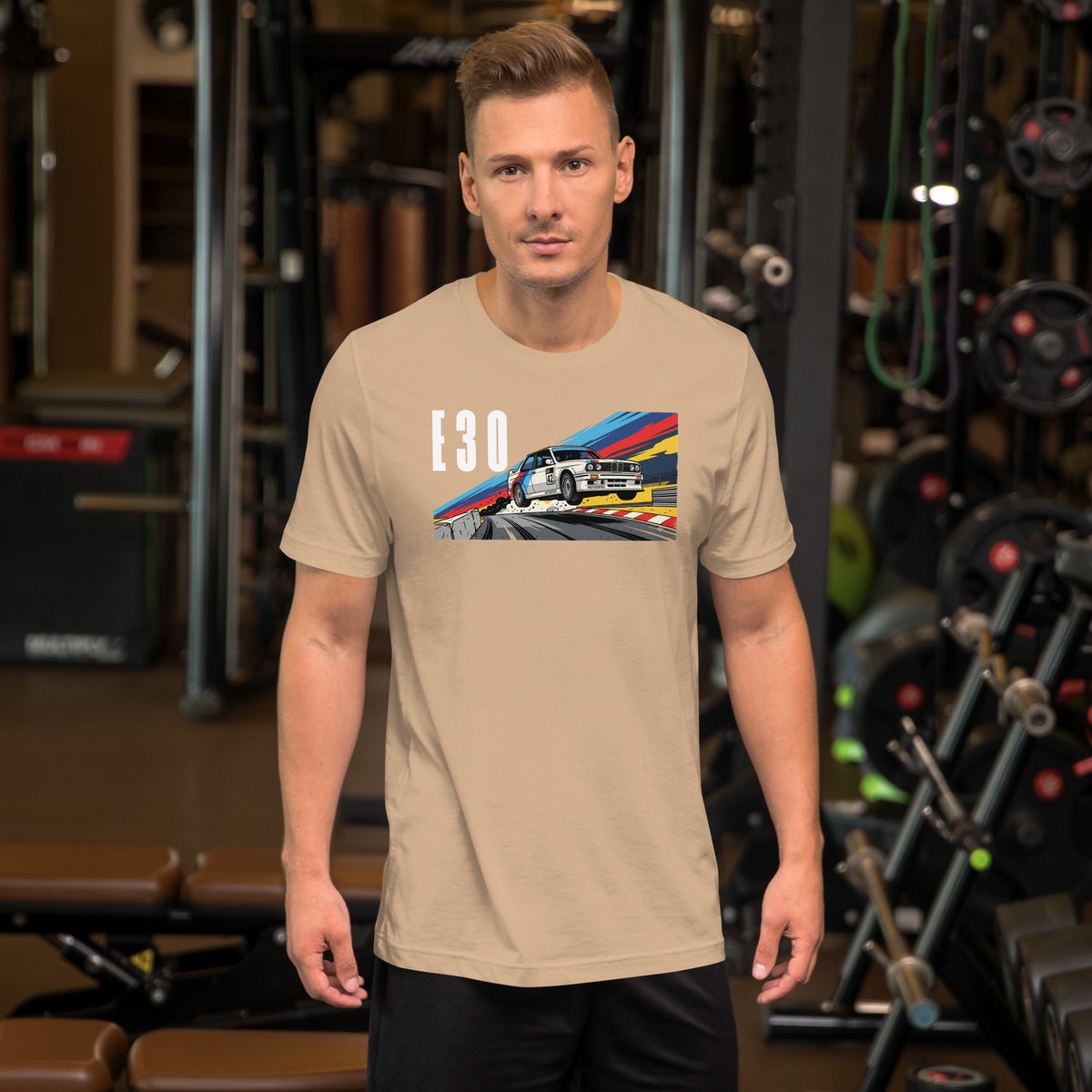 E30 Touring Car Tee — Group A Heritage graphic t-shirt, Tan front view — Marque automotive apparel