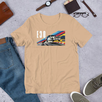 E30 Touring Car Tee — Group A Heritage graphic t-shirt, Tan front view (2) — Marque automotive apparel