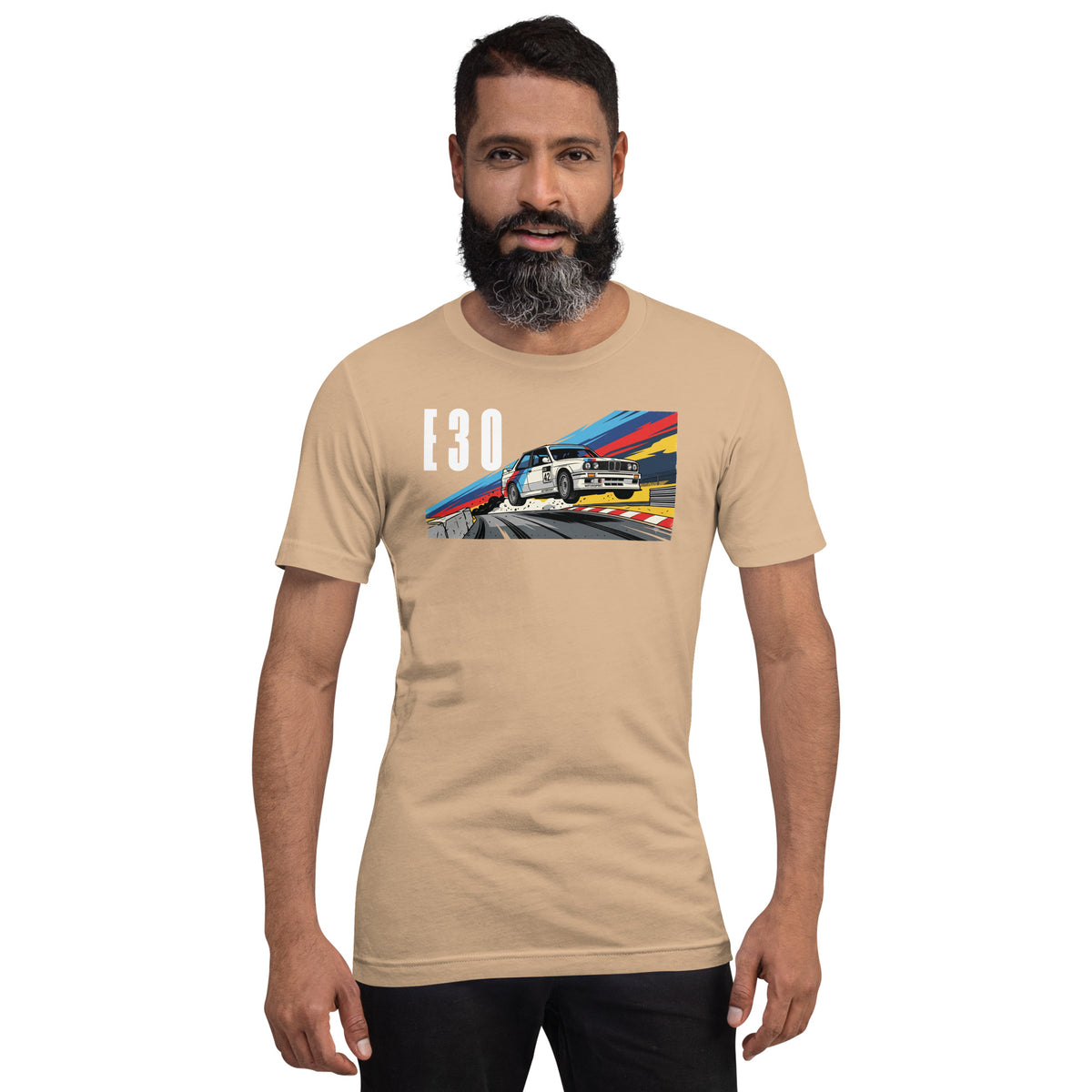 E30 Touring Car Tee — Group A Heritage graphic t-shirt, Tan front view (3) — Marque automotive apparel