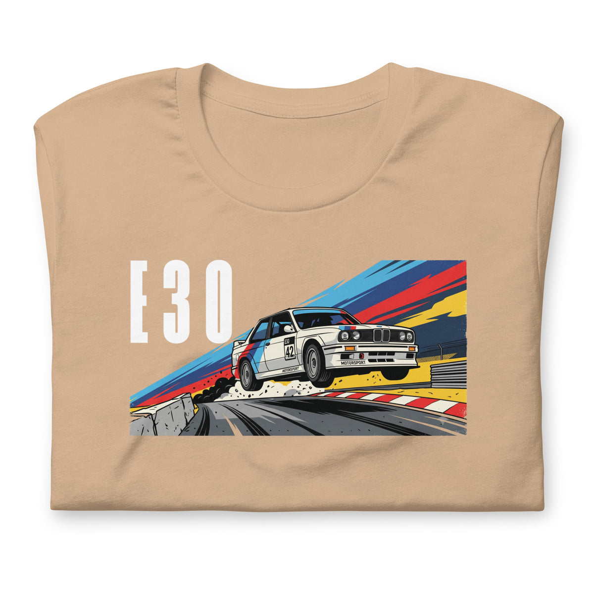 E30 Touring Car Tee — Group A Heritage graphic t-shirt, Tan front view (4) — Marque automotive apparel