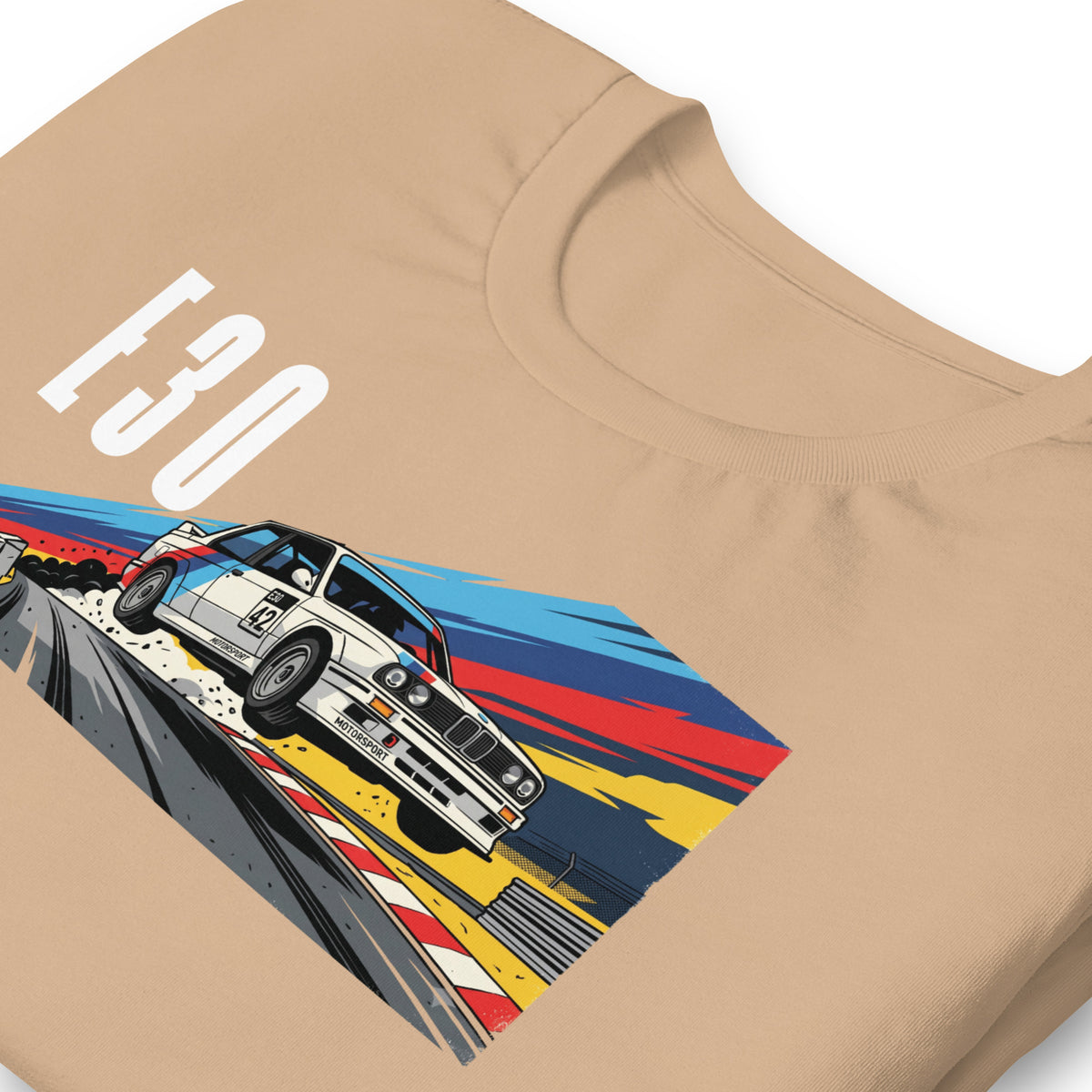 E30 Touring Car Tee — Group A Heritage graphic t-shirt, Tan print detail (2) — Marque automotive apparel
