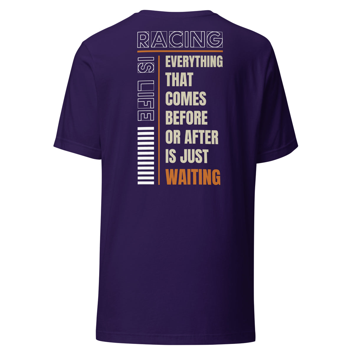 Racing Is Life Tee, Team Purple back view — Marque automotive apparel