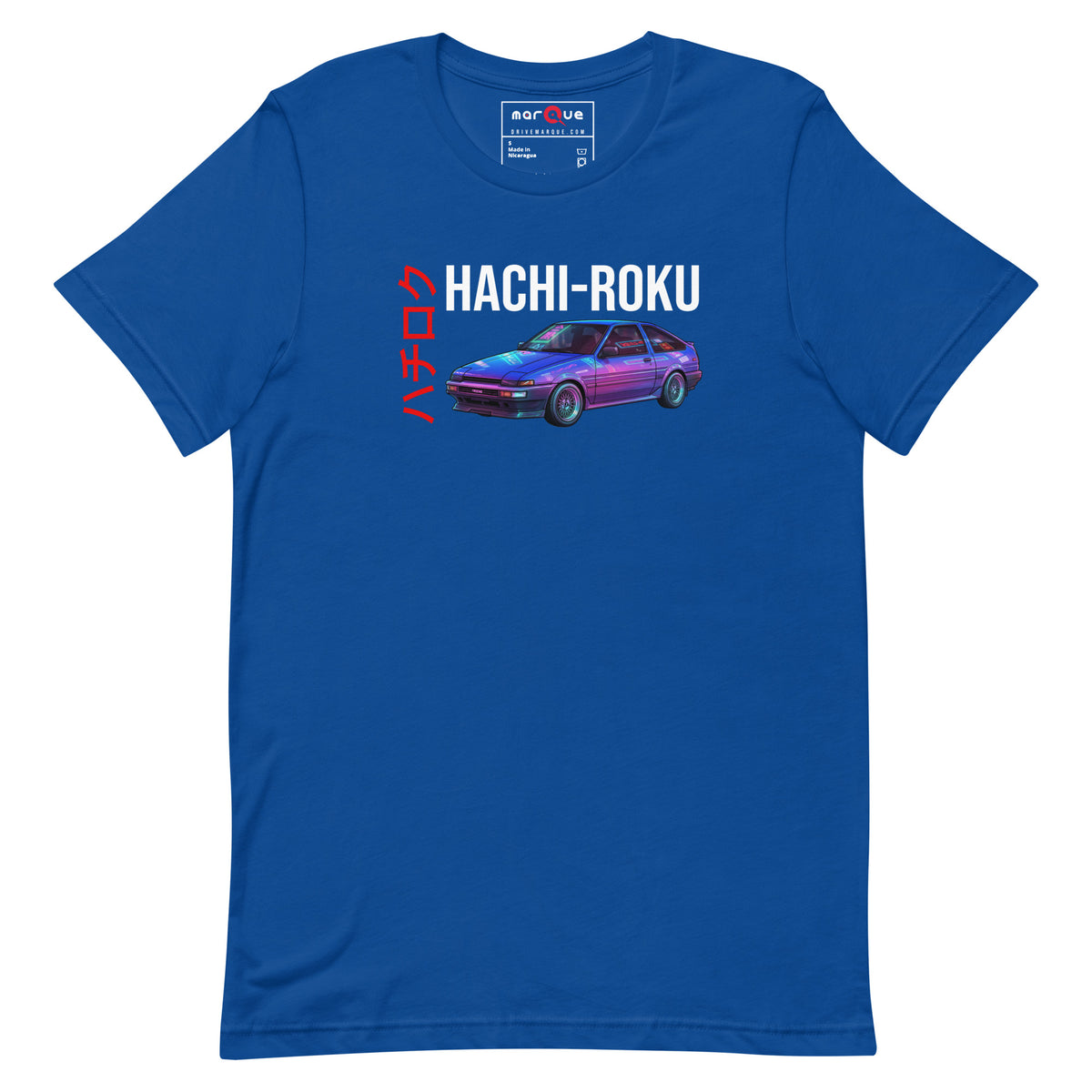 Hachi-Roku Tee — AE86 Neon graphic t-shirt, True Royal front view — Marque automotive apparel