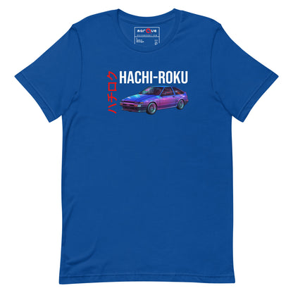 Hachi-Roku Tee — AE86 Neon graphic t-shirt, True Royal front view — Marque automotive apparel