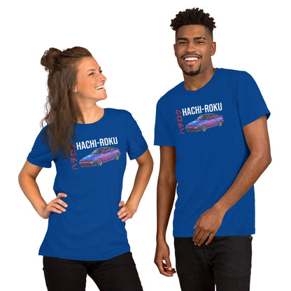 Hachi-Roku Tee — AE86 Neon graphic t-shirt, True Royal front view (2) — Marque automotive apparel