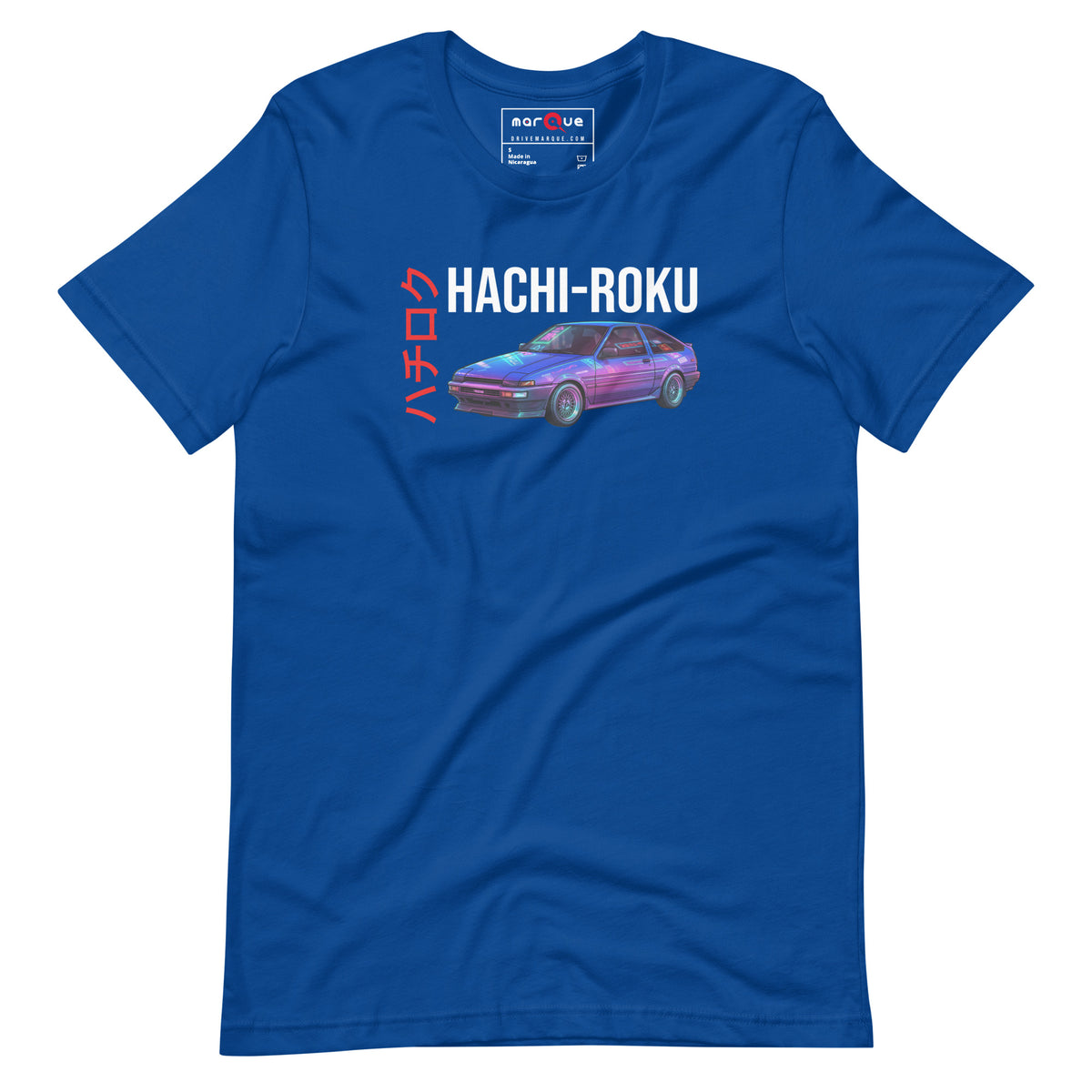 Hachi-Roku Tee — AE86 Neon graphic t-shirt, True Royal front view (4) — Marque automotive apparel
