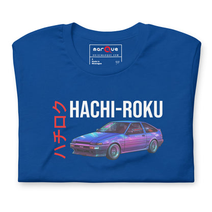 Hachi-Roku Tee — AE86 Neon graphic t-shirt, True Royal front view (5) — Marque automotive apparel
