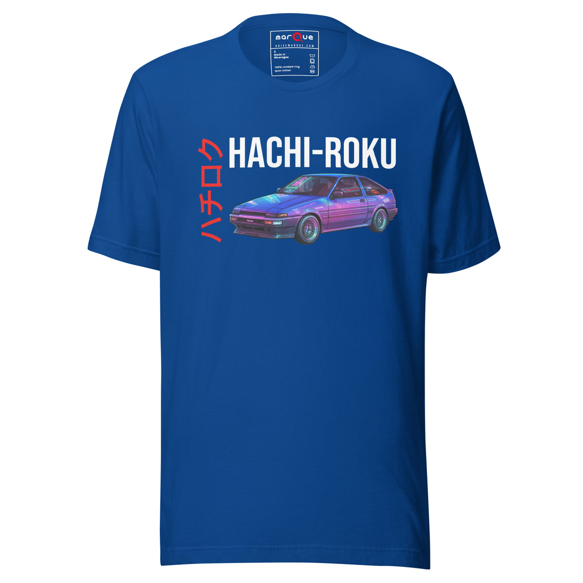 Hachi-Roku Tee — AE86 Neon graphic t-shirt, True Royal front view (6) — Marque automotive apparel