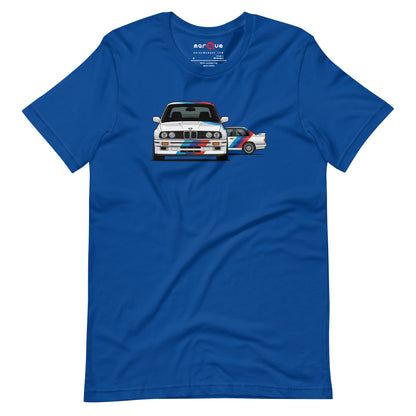 E30 Box Flare Tee — Widebody Icon graphic t-shirt, True Royal front view — Marque automotive apparel