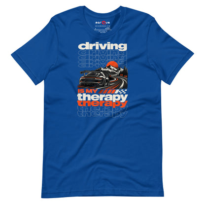True Royal driving is my therapy t-shirt — checkered flag detail beside the headline