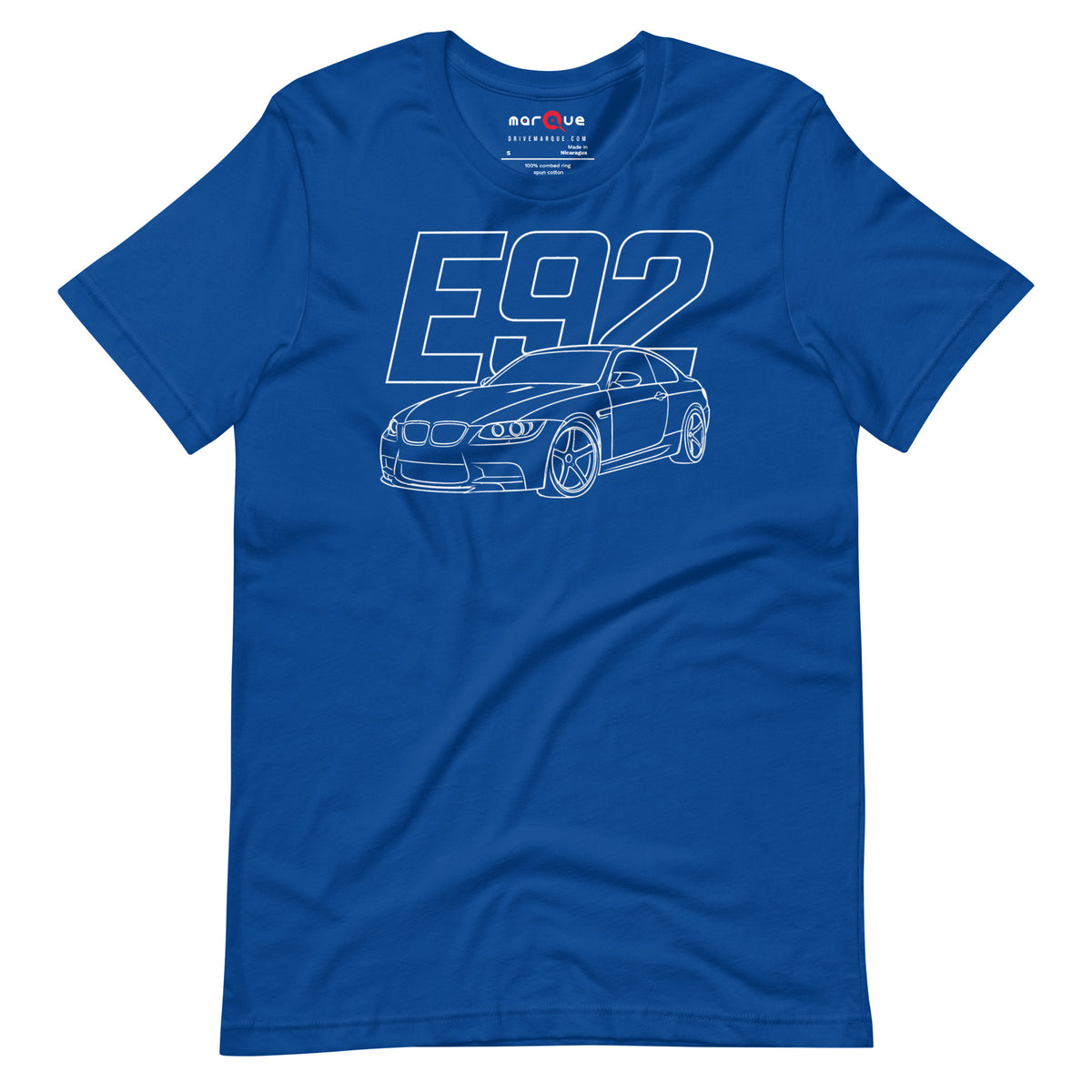 E92 Tee — Naturally Aspirated V8, True Royal front view — rear three-quarter line study, Marque automotive apparel