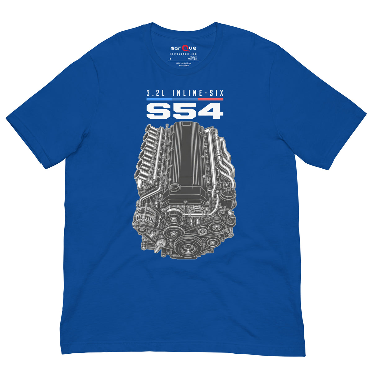 Engine Icon Tee — S54 Inline-Six, True Royal front view — 3.2L inline-six technical drawing, Marque automotive apparel