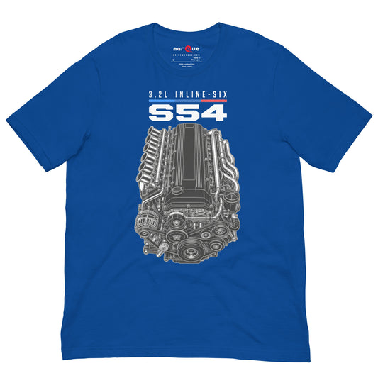 Engine Icon Tee — S54 Inline-Six, True Royal front view — 3.2L inline-six technical drawing, Marque automotive apparel