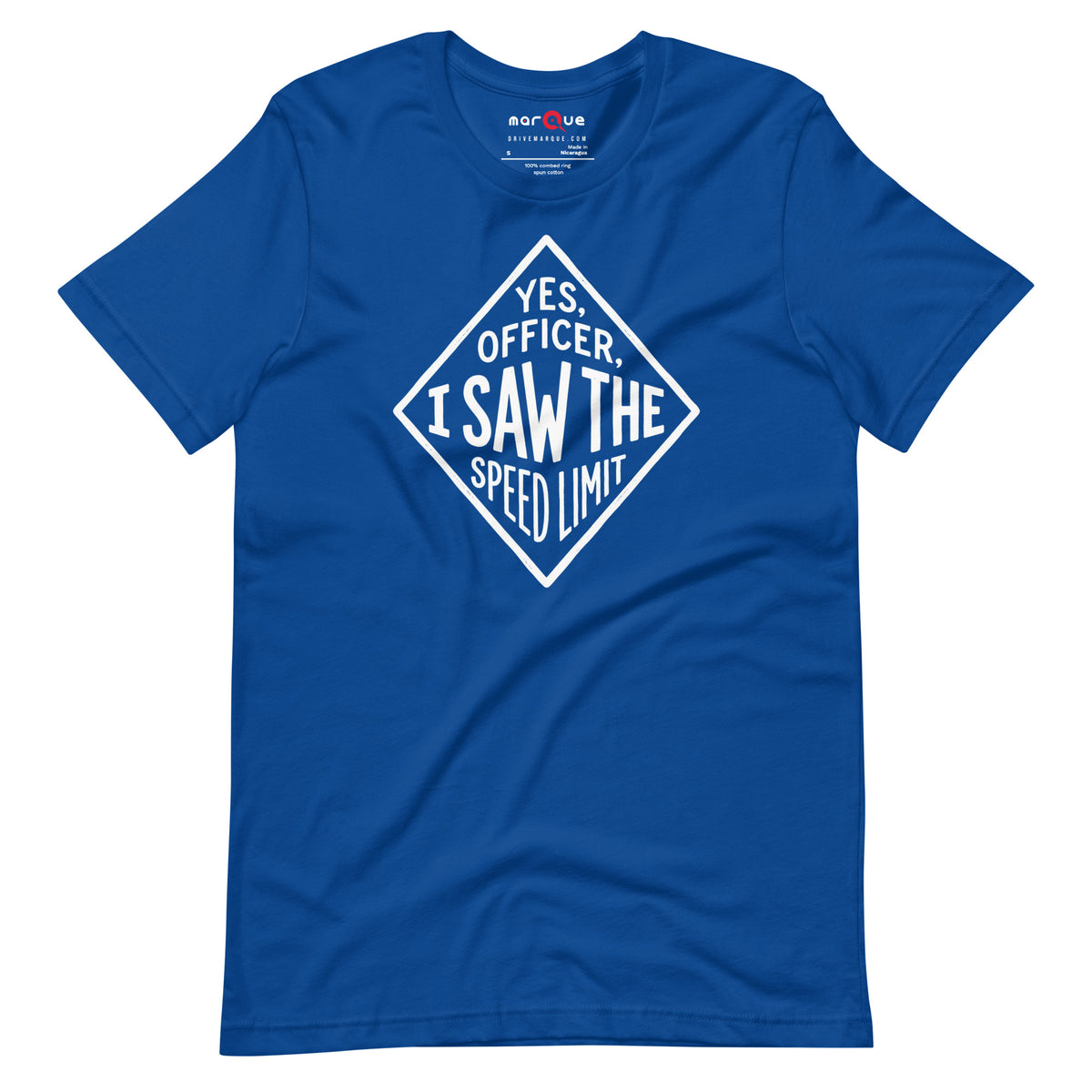 Yes Officer t-shirt in True Royal — hand-lettered speed limit road sign — Marque automotive apparel