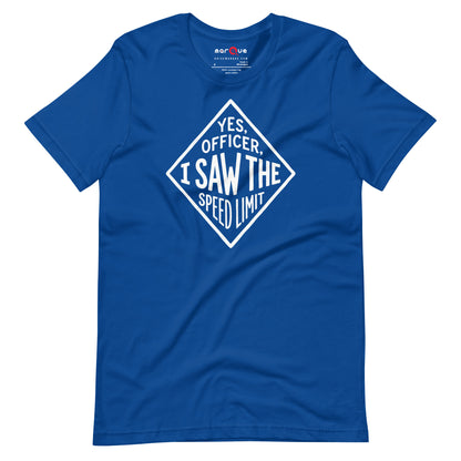 Yes Officer t-shirt in True Royal — hand-lettered speed limit road sign — Marque automotive apparel