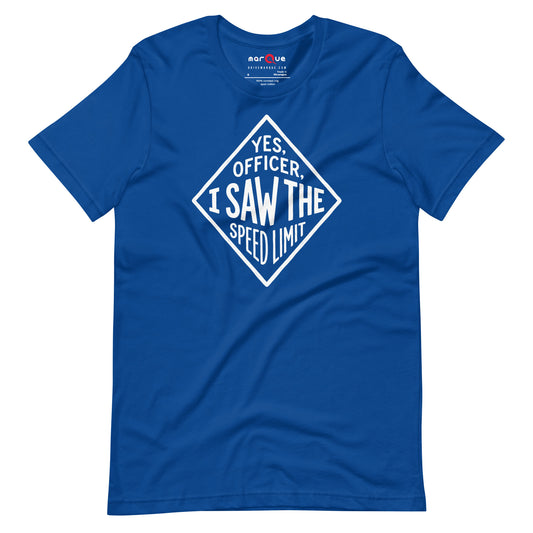 Yes Officer t-shirt in True Royal — hand-lettered speed limit road sign — Marque automotive apparel