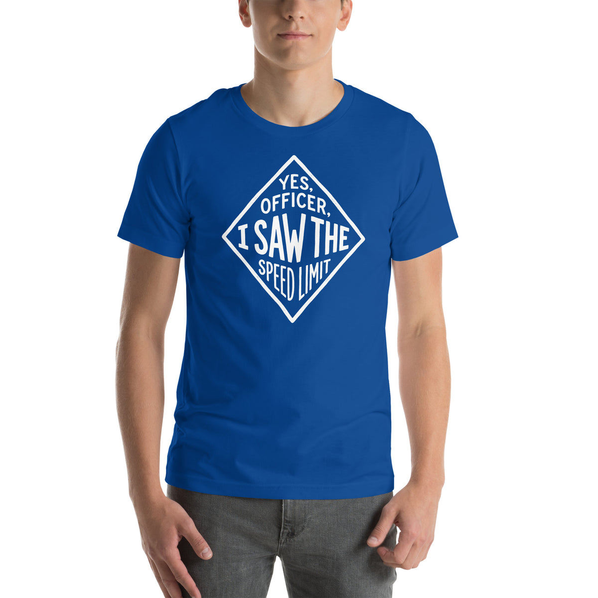 Yes Officer t-shirt in True Royal, worn — Marque automotive apparel