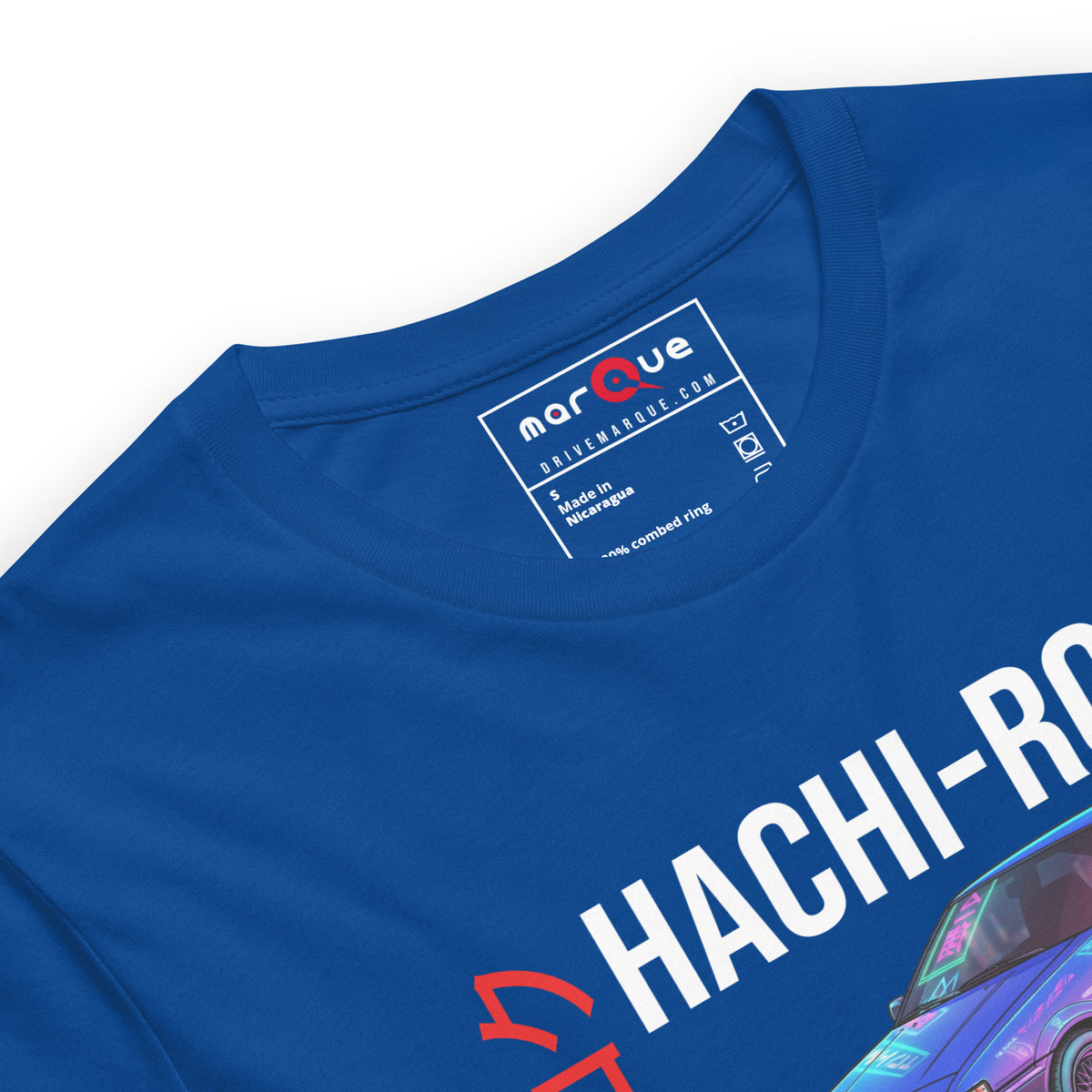Hachi-Roku Tee — AE86 Neon graphic t-shirt, True Royal print detail — Marque automotive apparel