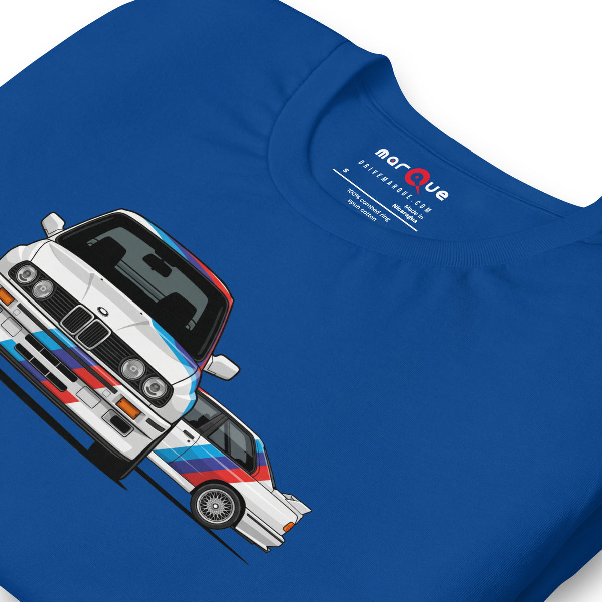 E30 Box Flare Tee — Widebody Icon graphic t-shirt, True Royal print detail — Marque automotive apparel