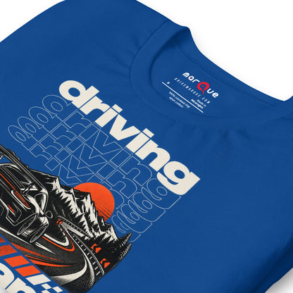 Close-up of the print on True Royal, showing the checkered flag and speed lines