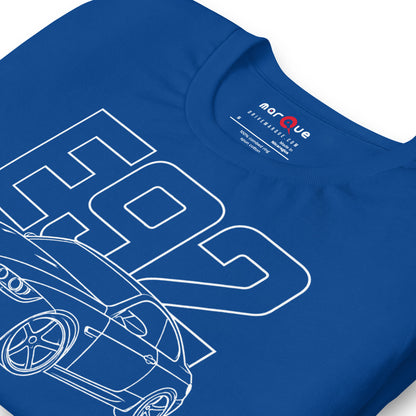 E92 Tee — Naturally Aspirated V8, True Royal print detail — outlined chassis numerals and quad tips, Marque automotive apparel