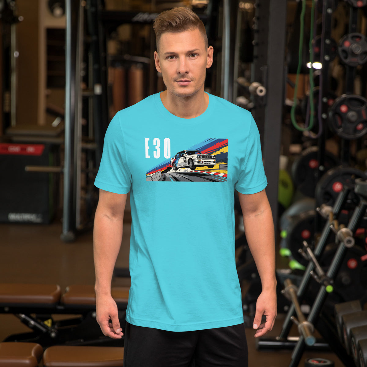 E30 Touring Car Tee — Group A Heritage graphic t-shirt, Turquoise front view — Marque automotive apparel