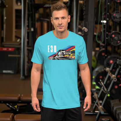 E30 Touring Car Tee — Group A Heritage graphic t-shirt, Turquoise front view — Marque automotive apparel