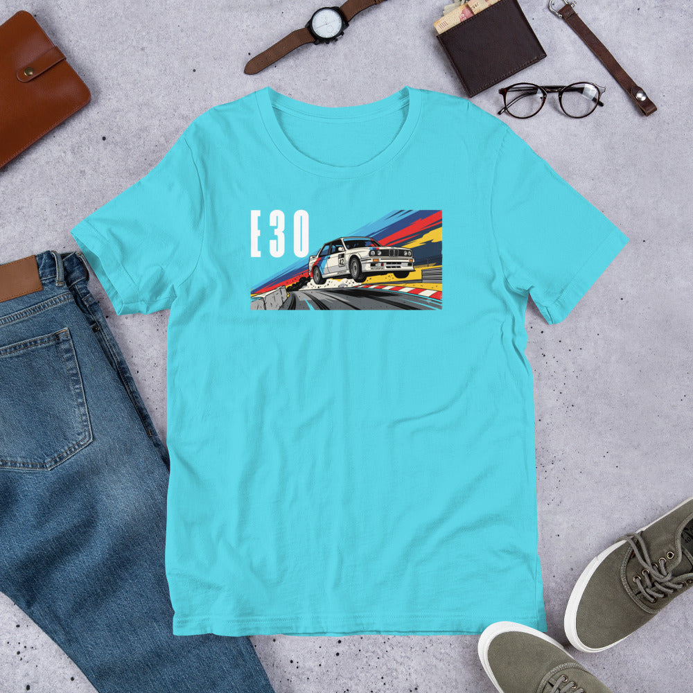 E30 Touring Car Tee — Group A Heritage graphic t-shirt, Turquoise front view (2) — Marque automotive apparel