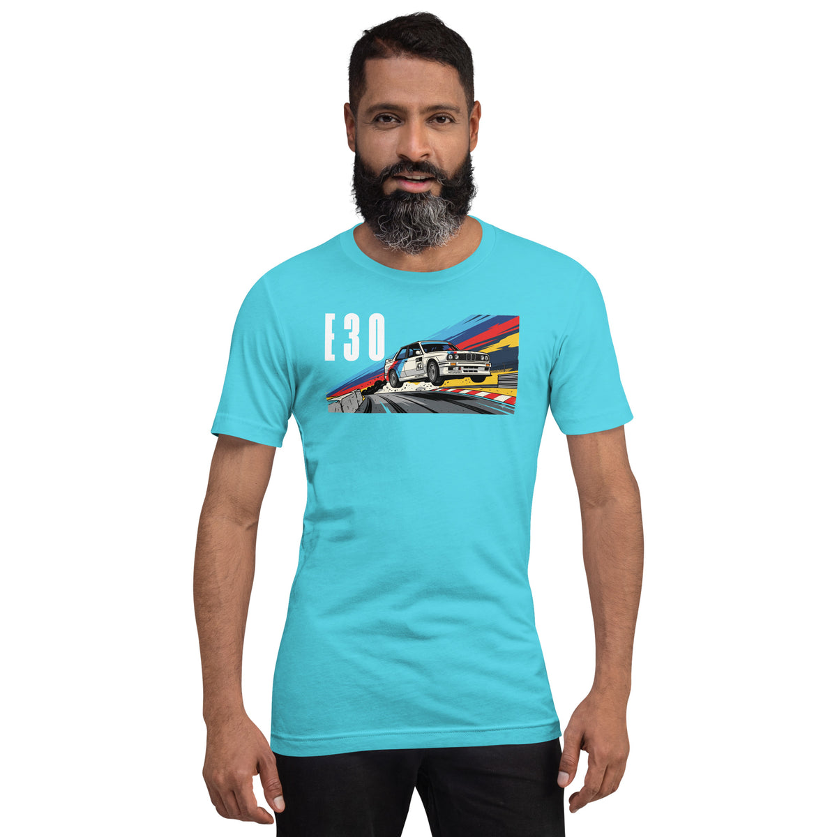 E30 Touring Car Tee — Group A Heritage graphic t-shirt, Turquoise front view (3) — Marque automotive apparel