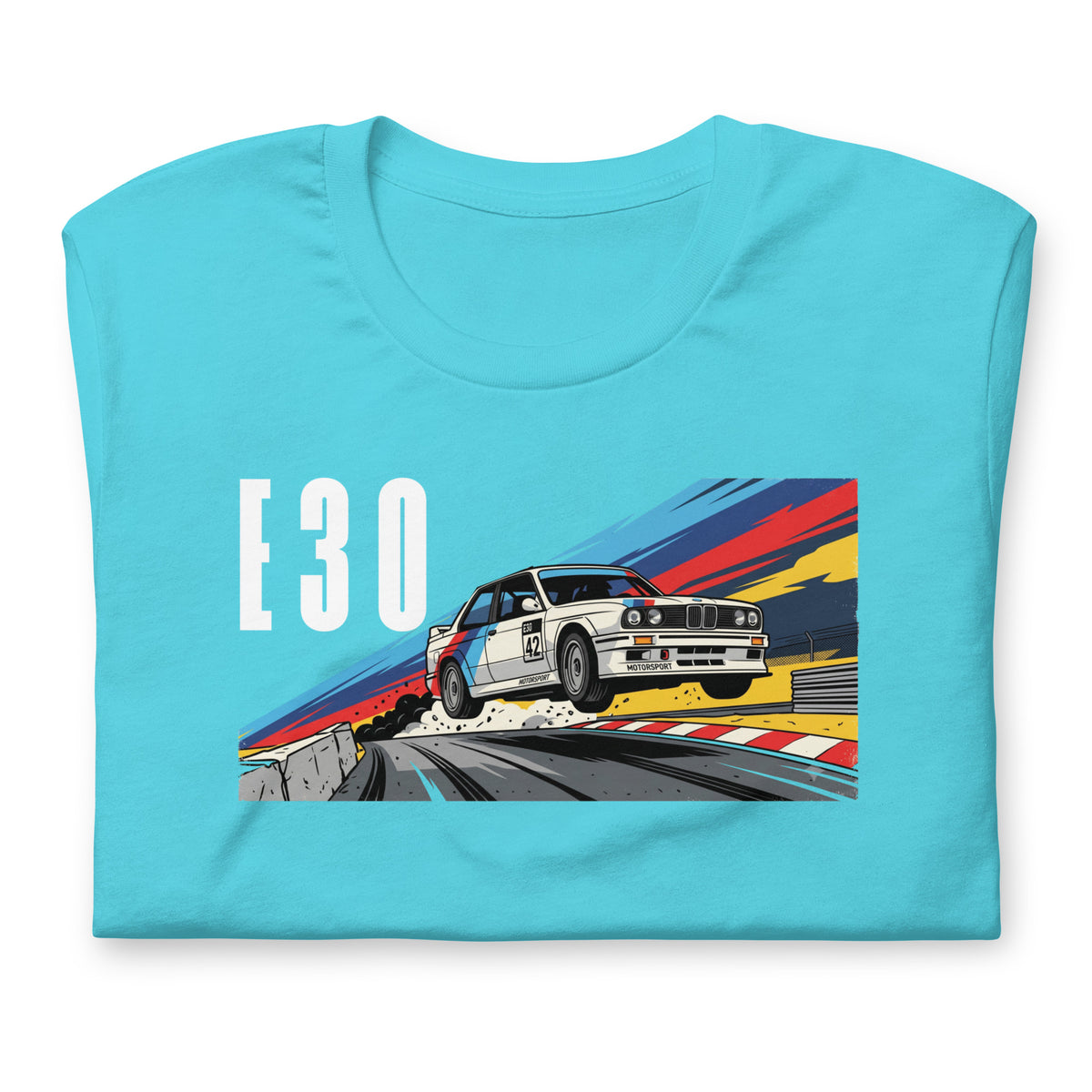 E30 Touring Car Tee — Group A Heritage graphic t-shirt, Turquoise front view (4) — Marque automotive apparel