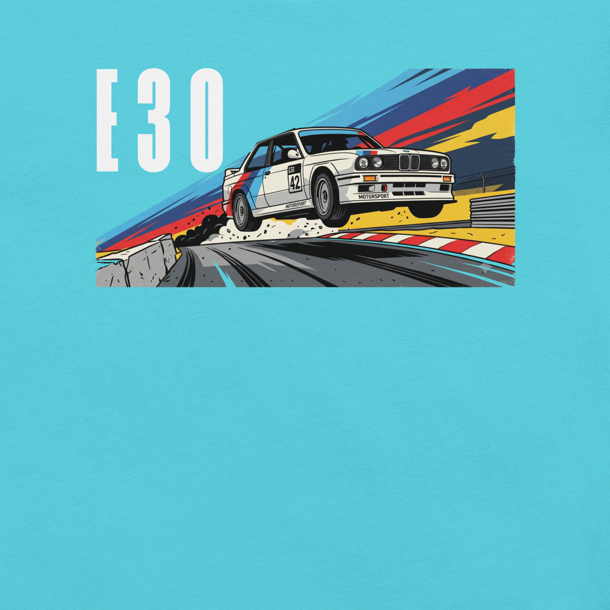 E30 Touring Car Tee — Group A Heritage graphic t-shirt, Turquoise front view (5) — Marque automotive apparel