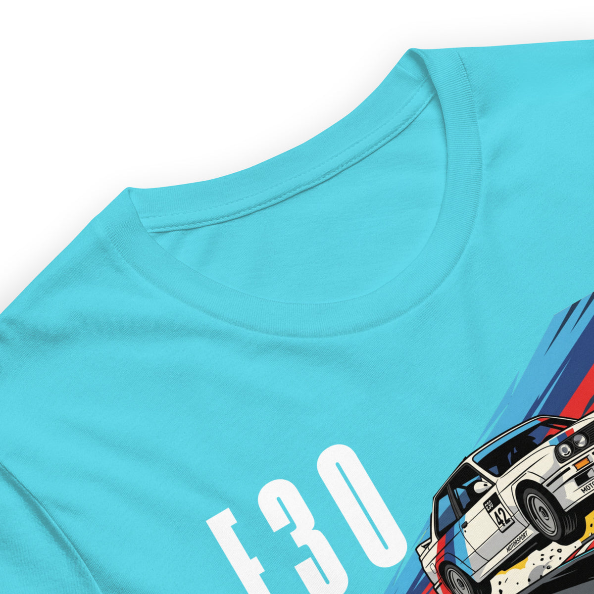E30 Touring Car Tee — Group A Heritage graphic t-shirt, Turquoise print detail — Marque automotive apparel