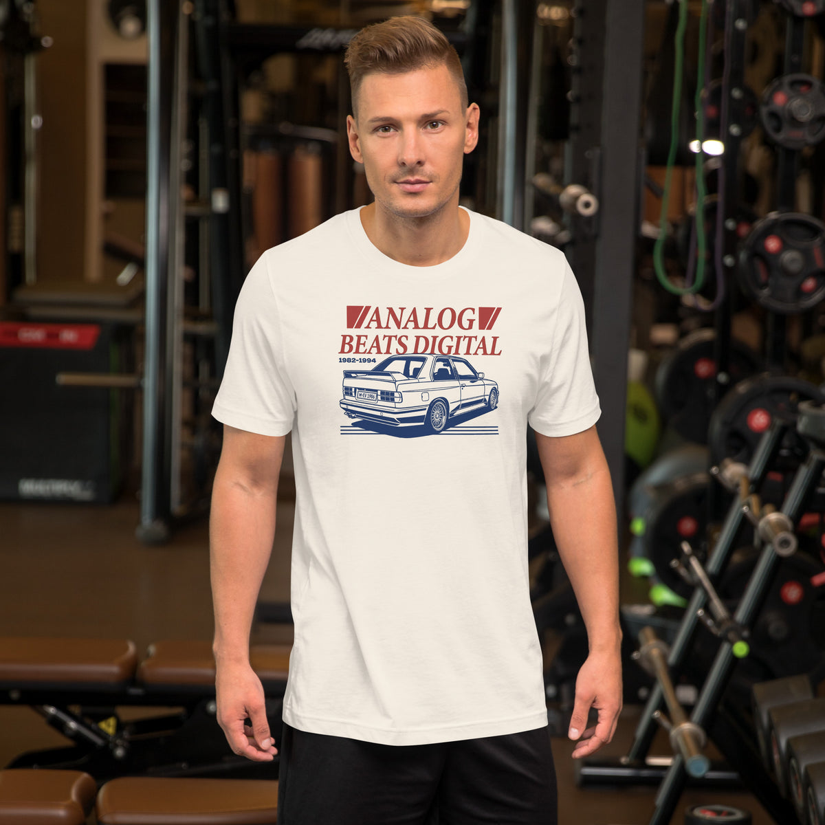 Analog Beats Digital tee, Vintage White front view — Marque automotive apparel (2)