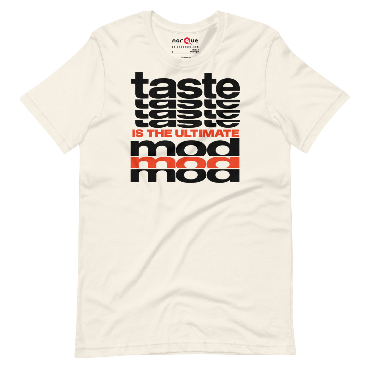 Taste Is The Ultimate Mod Tee, Vintage White front view — Marque automotive apparel