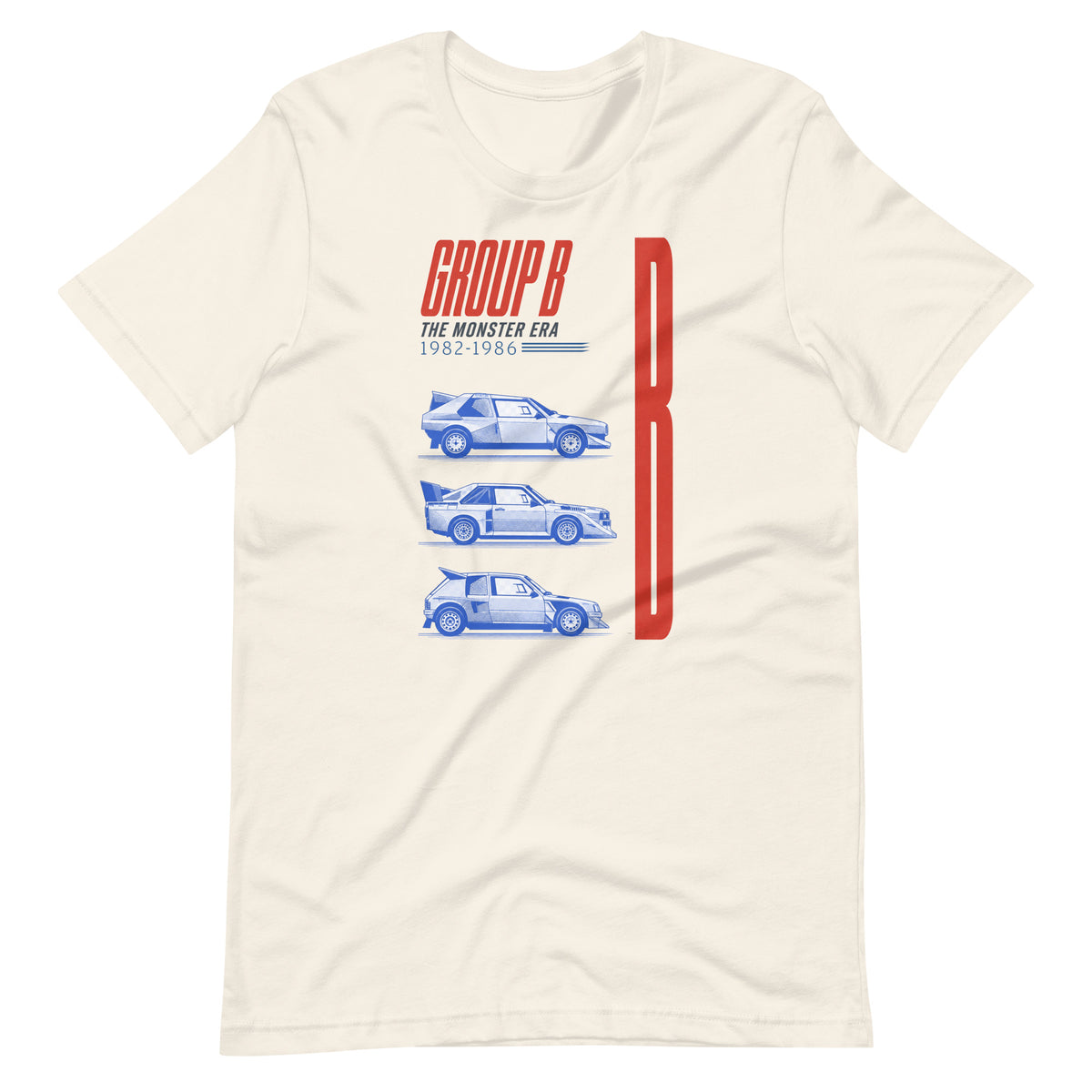 Vintage White Group B rally t-shirt laid flat, blue side profiles and red Monster Era lettering
