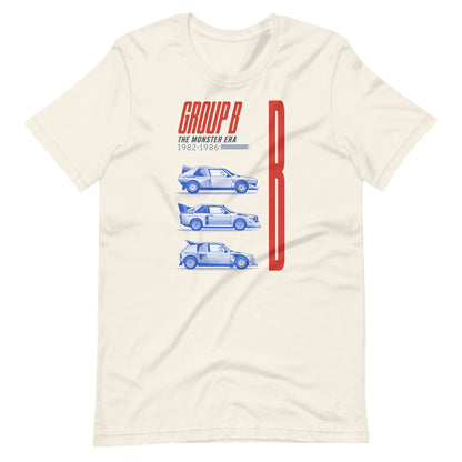 Vintage White Group B rally t-shirt laid flat, blue side profiles and red Monster Era lettering
