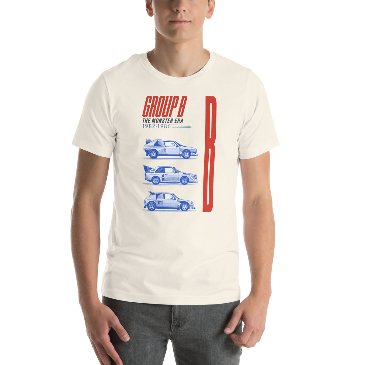 Vintage White Group B tee worn front-on, showing the print scale on the body