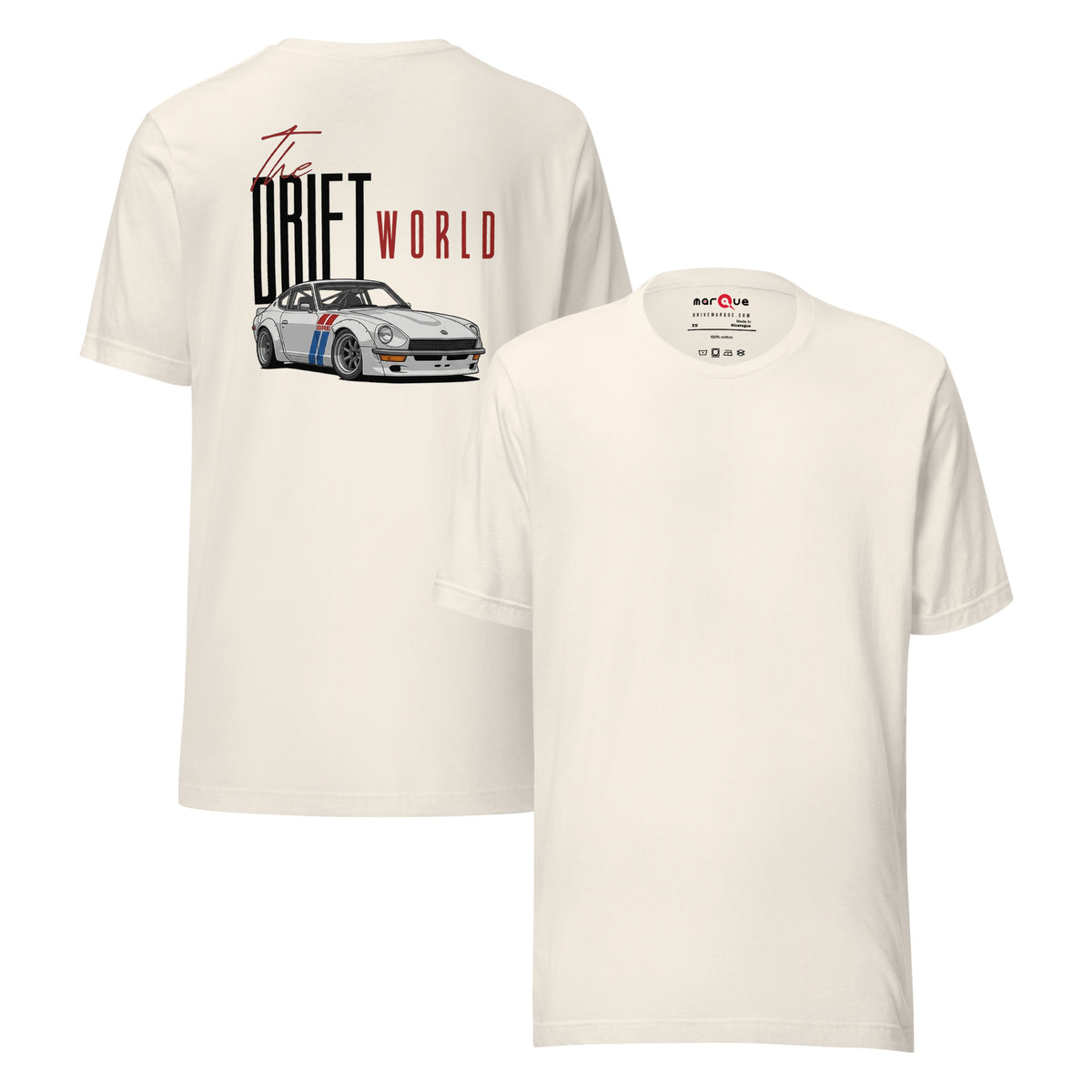 Drift World Z Tee — Rear-Drive Icon graphic t-shirt, Vintage White front and back — Marque automotive apparel
