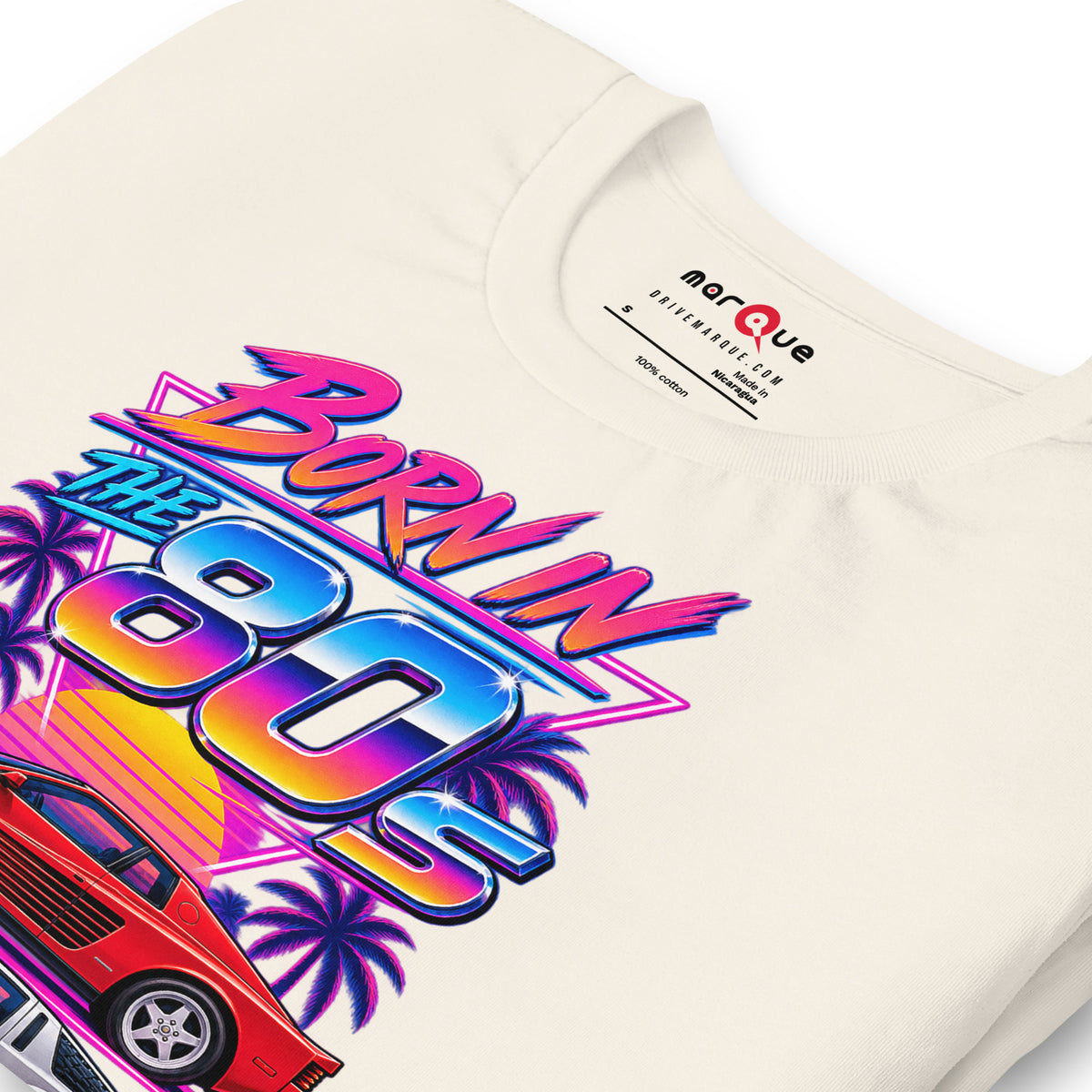 Born in the 80s tee, Vintage White print detail — Marque automotive apparel