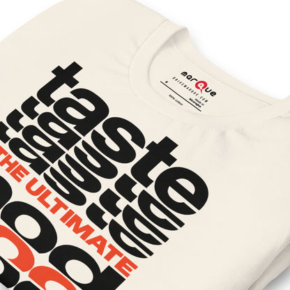 Taste Is The Ultimate Mod Tee, Vintage White print detail — Marque automotive apparel