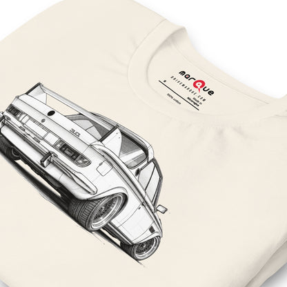 Design Icon Tee, Vintage White print detail — Marque automotive apparel