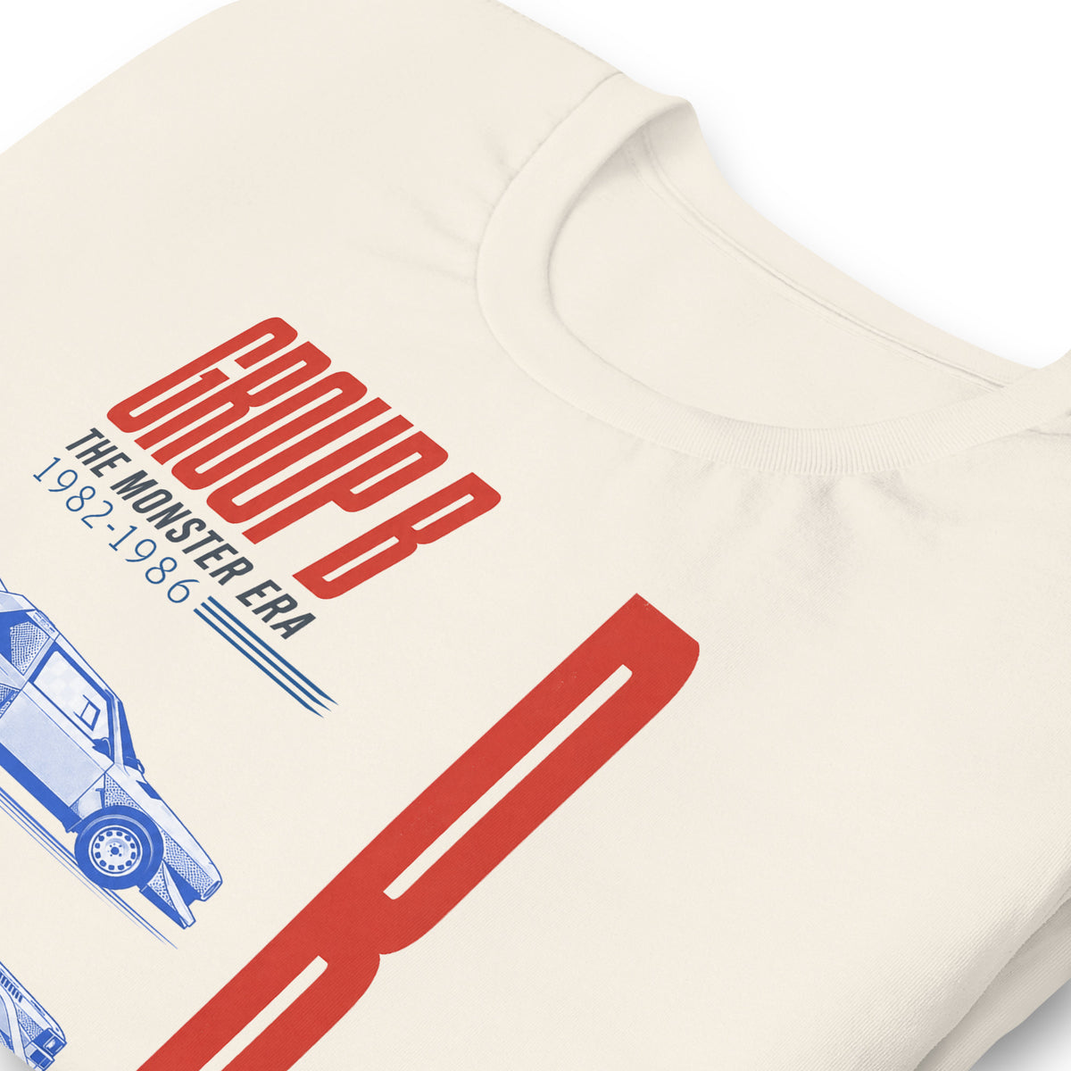Print detail on Vintage White: fine blue linework across the stacked rally profiles