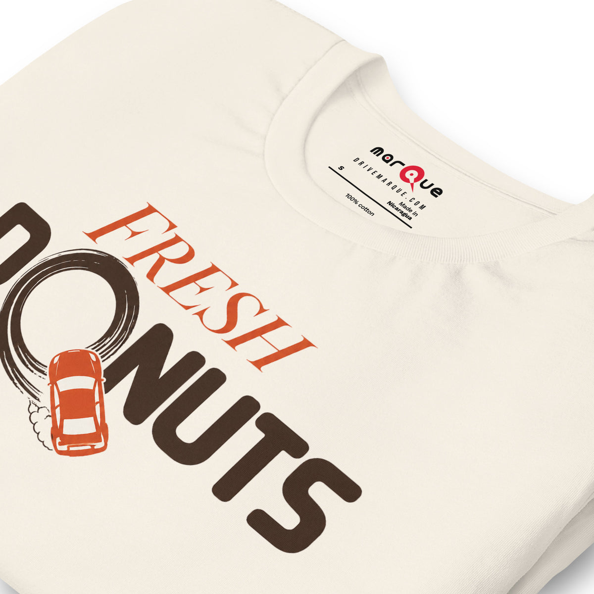 Fresh Donuts t-shirt, Vintage White print detail — Marque automotive apparel