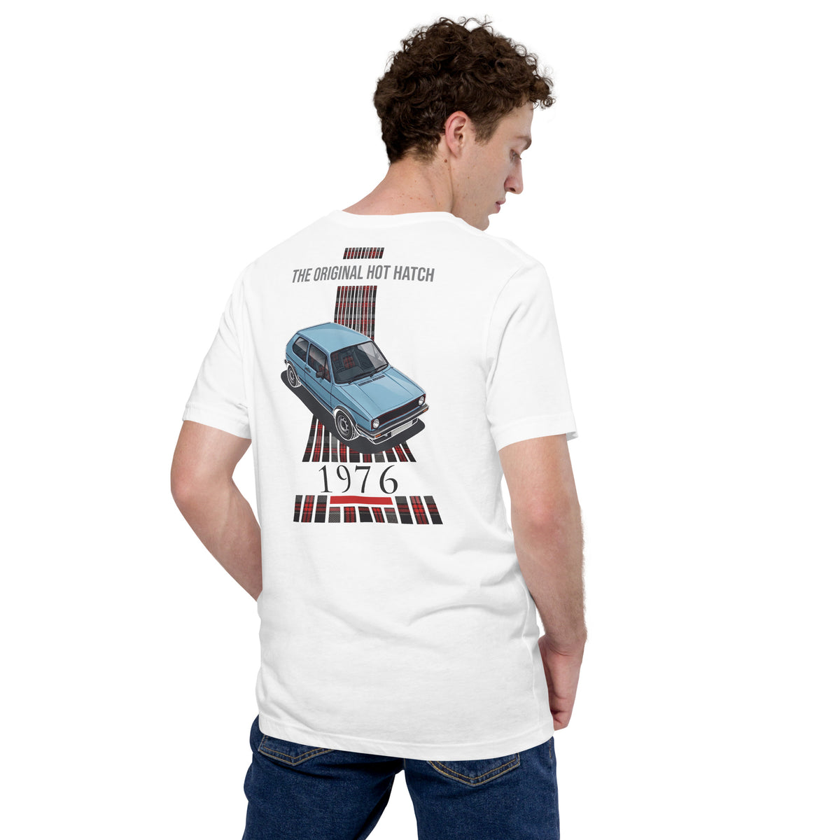 1976 Original Hot Hatch Tee — The Blueprint graphic t-shirt, White back view — Marque automotive apparel