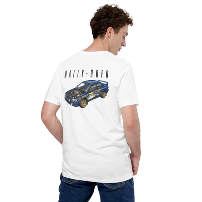 Rally-Bred Tee, White — worn back view showing the rally cutaway print, Marque automotive apparel