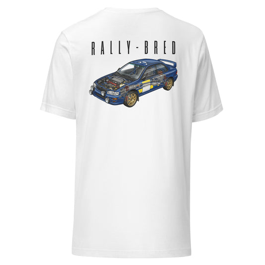 Rally-Bred Tee, White back view — 90s rally car cutaway back print, Marque automotive apparel