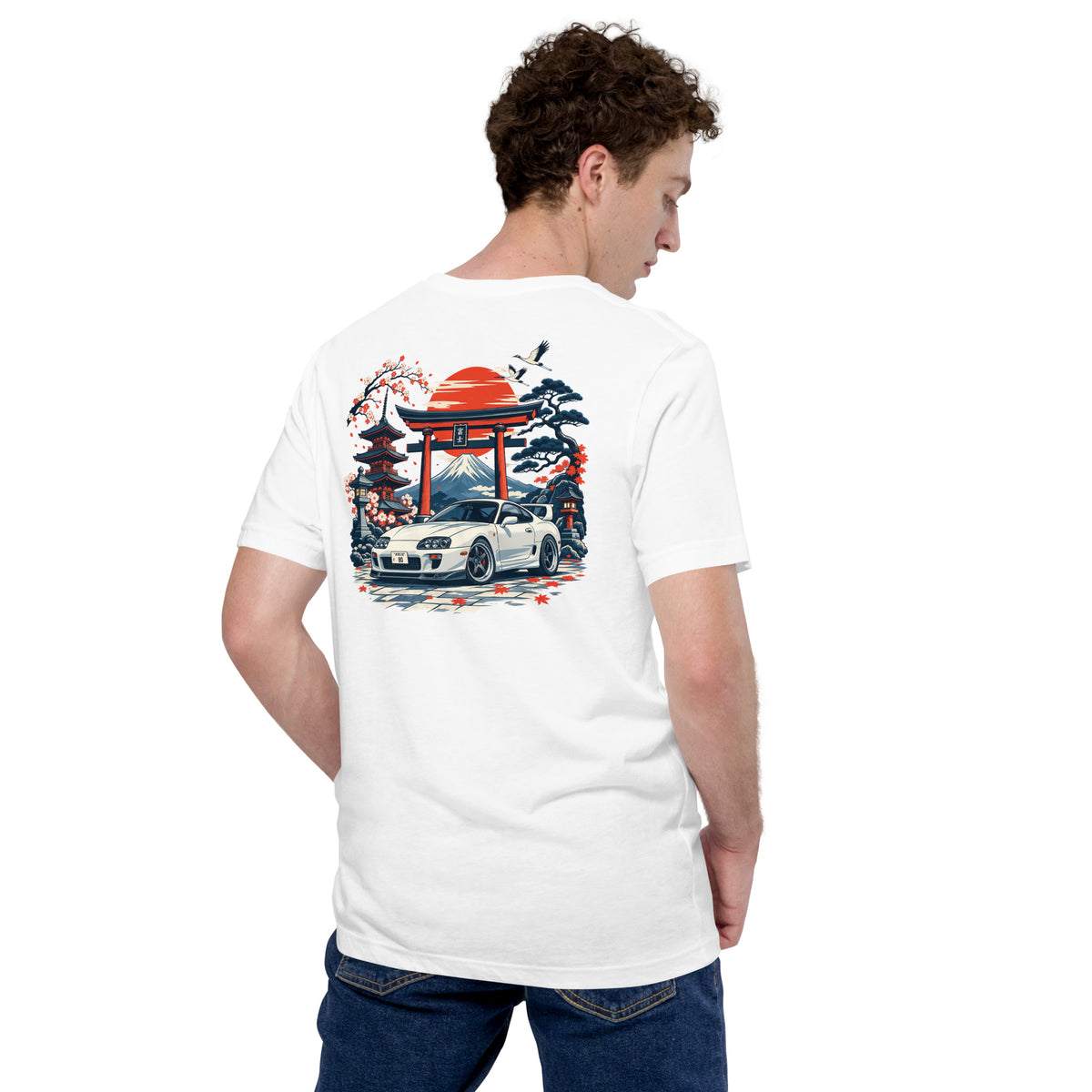 Man wearing the white A80 back print tee, seen from behind with the shrine scene across his shoulders