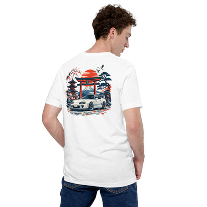 Man wearing the white A80 back print tee, seen from behind with the shrine scene across his shoulders